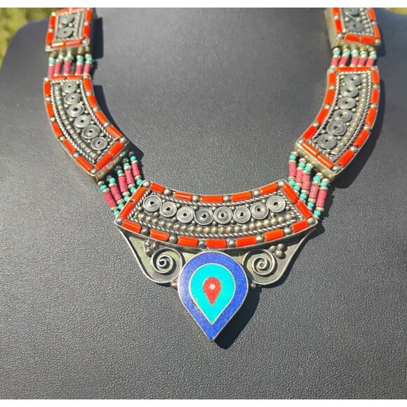 Handmade Jewelry - Handmade Tibetan Silver Turquoise Coral Lapis Lazuli Necklace Tribal